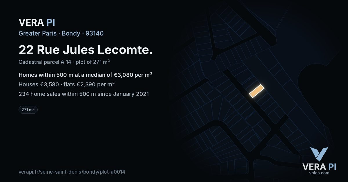 22 Rue Jules Lecomte, Bondy at night – the plot lit, the parcels around coloured by the prices near them