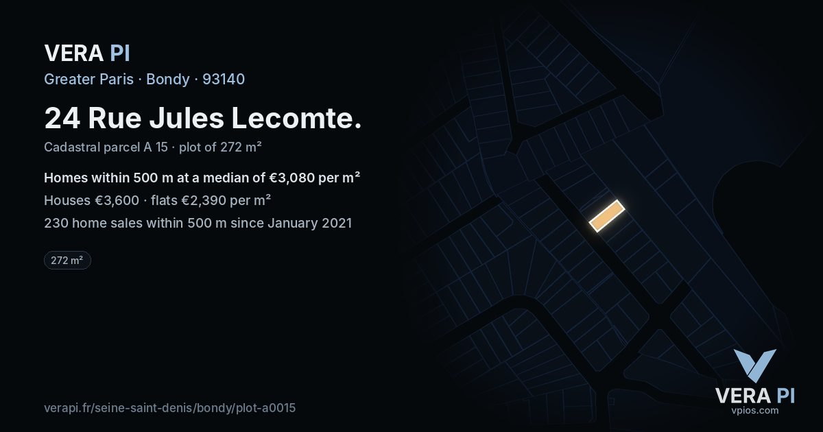 24 Rue Jules Lecomte, Bondy at night – the plot lit, the parcels around coloured by the prices near them