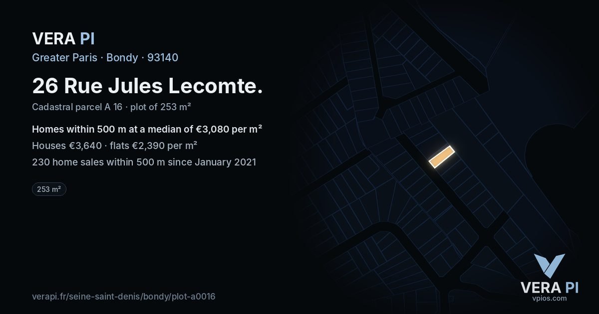 26 Rue Jules Lecomte, Bondy at night – the plot lit, the parcels around coloured by the prices near them