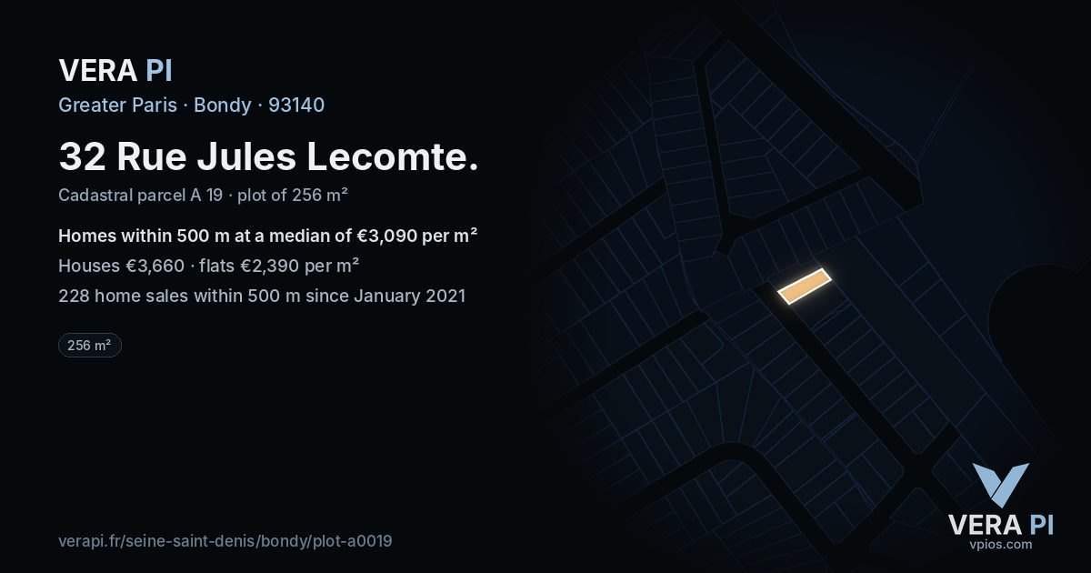 32 Rue Jules Lecomte, Bondy at night – the plot lit, the parcels around coloured by the prices near them