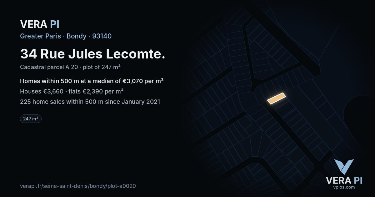 34 Rue Jules Lecomte, Bondy at night – the plot lit, the parcels around coloured by the prices near them
