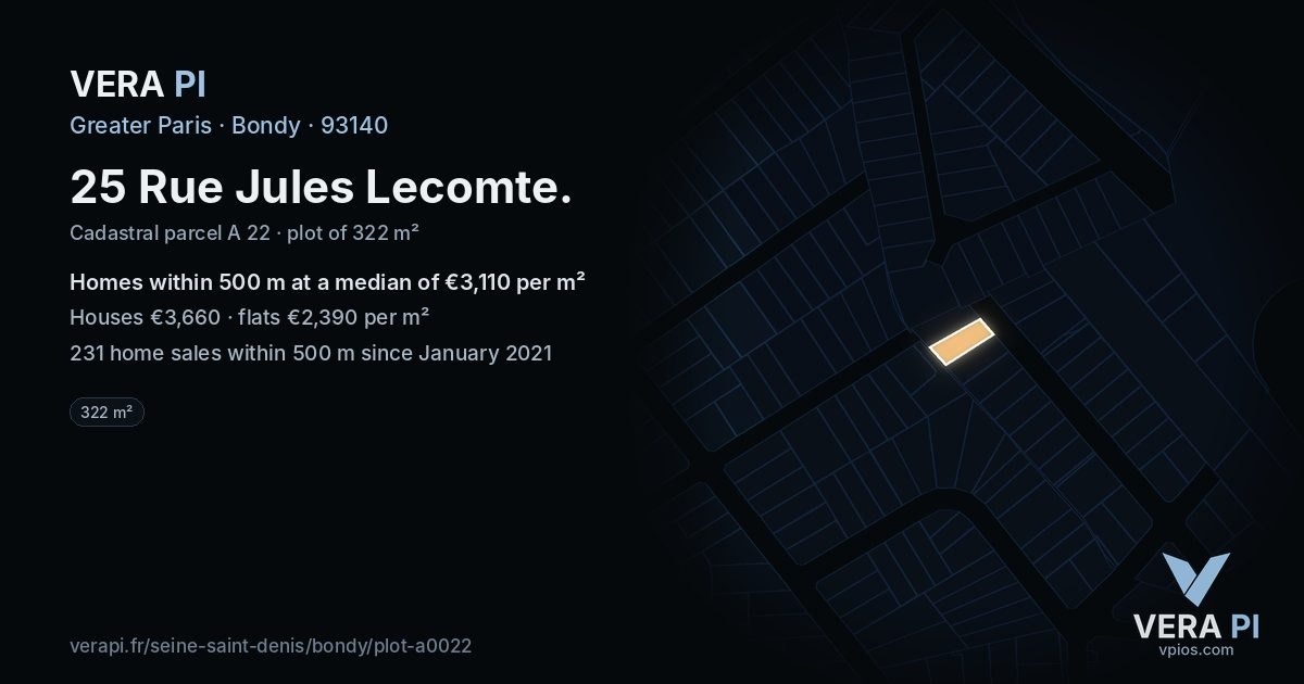 25 Rue Jules Lecomte, Bondy at night – the plot lit, the parcels around coloured by the prices near them