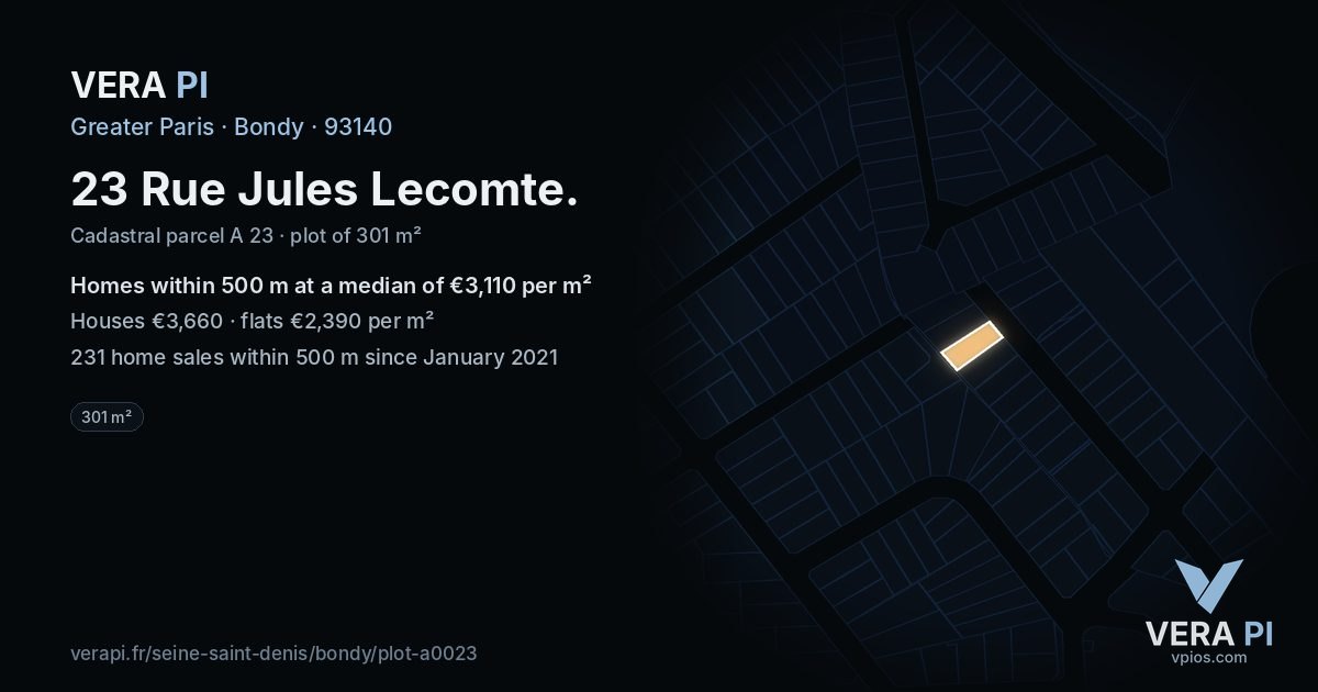23 Rue Jules Lecomte, Bondy at night – the plot lit, the parcels around coloured by the prices near them