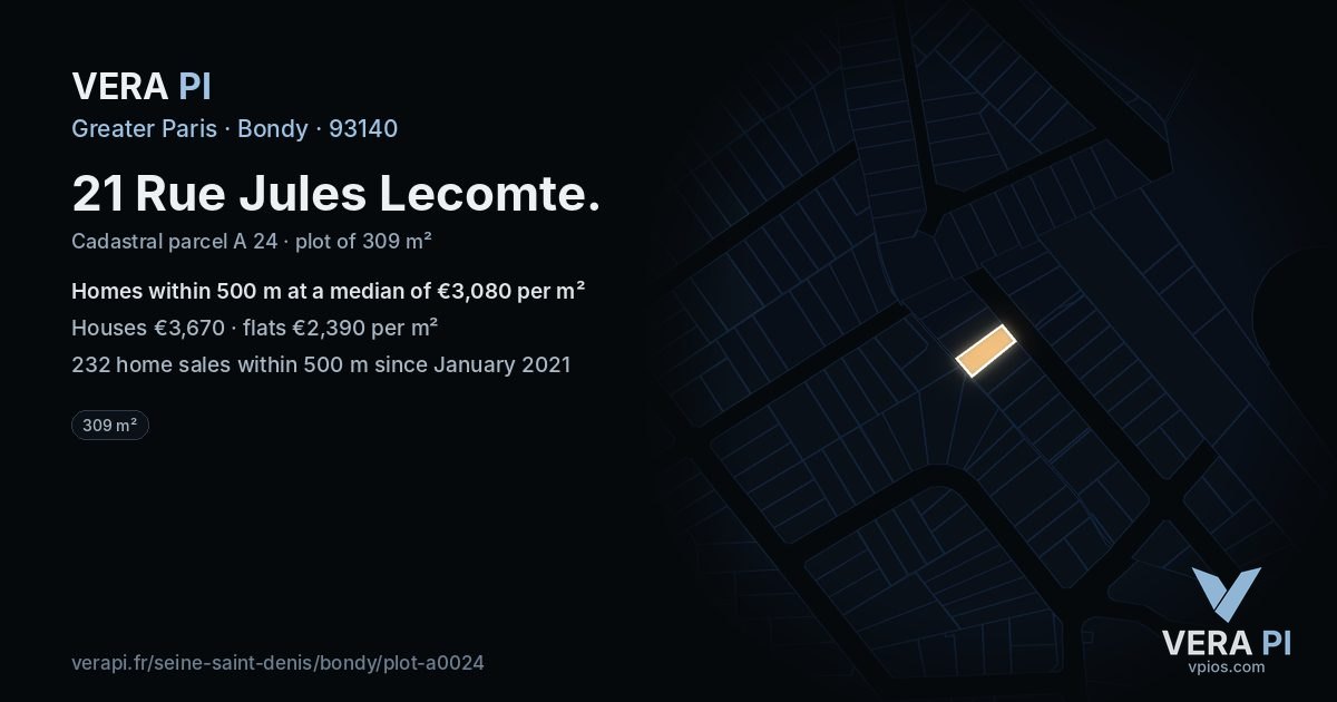 21 Rue Jules Lecomte, Bondy at night – the plot lit, the parcels around coloured by the prices near them