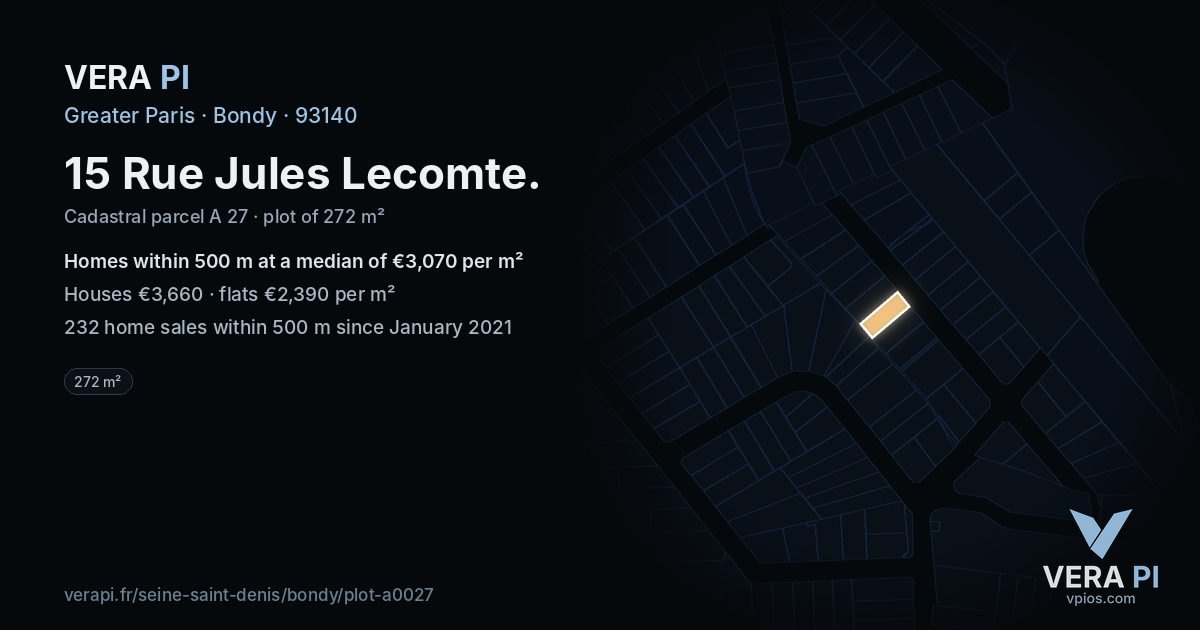 15 Rue Jules Lecomte, Bondy at night – the plot lit, the parcels around coloured by the prices near them