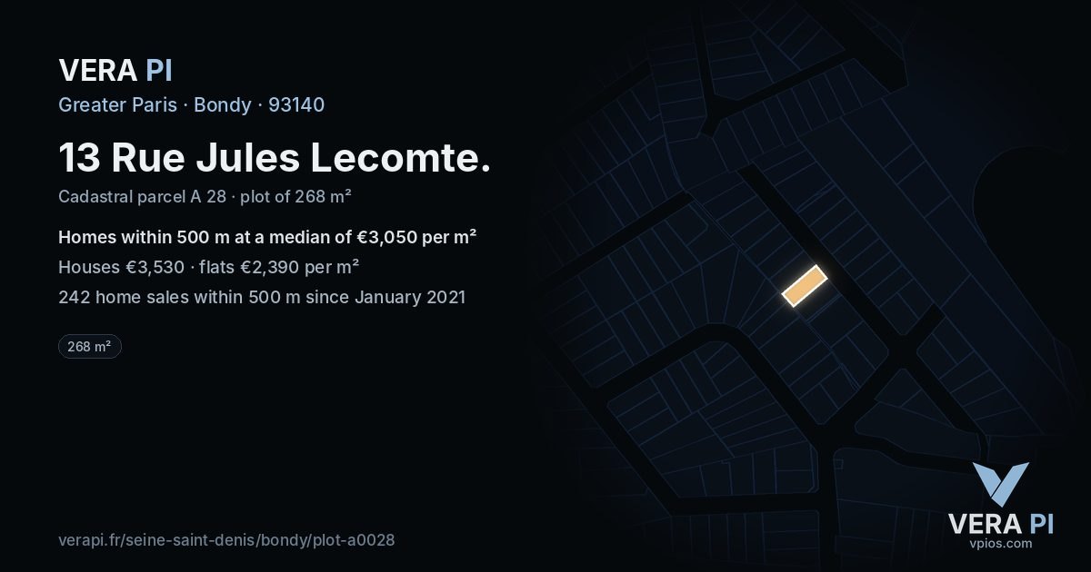 13 Rue Jules Lecomte, Bondy at night – the plot lit, the parcels around coloured by the prices near them