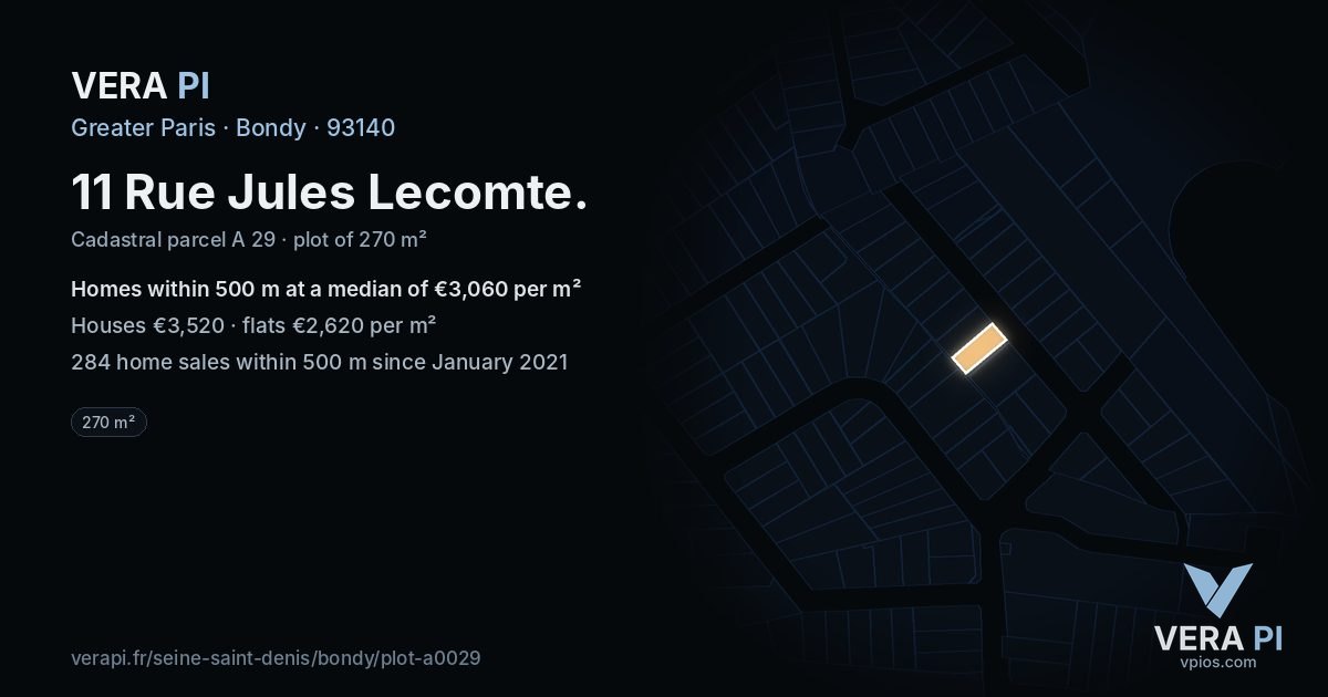 11 Rue Jules Lecomte, Bondy at night – the plot lit, the parcels around coloured by the prices near them
