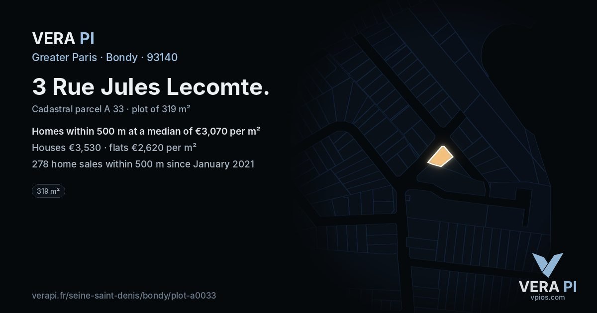 3 Rue Jules Lecomte, Bondy at night – the plot lit, the parcels around coloured by the prices near them