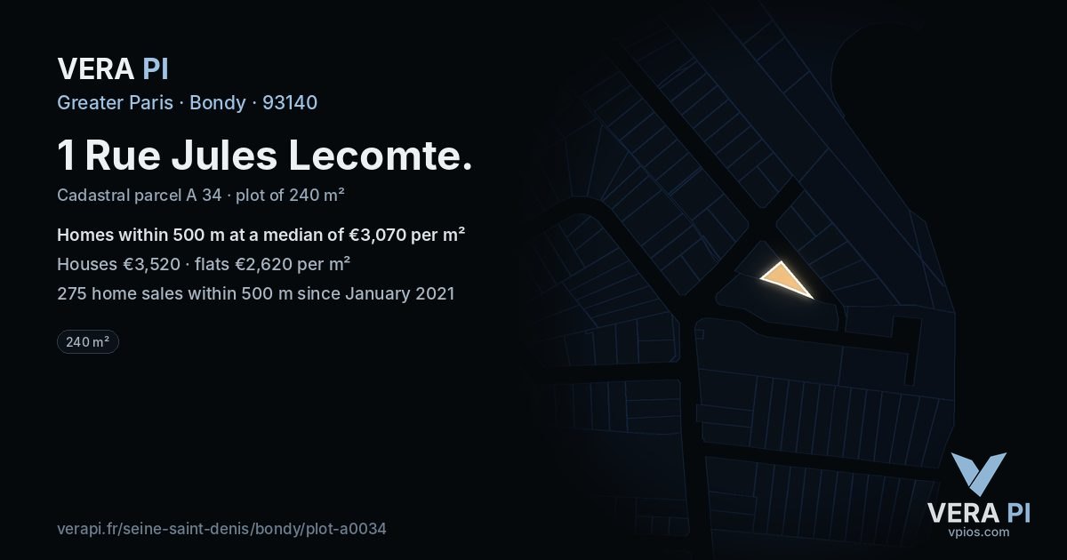 1 Rue Jules Lecomte, Bondy at night – the plot lit, the parcels around coloured by the prices near them