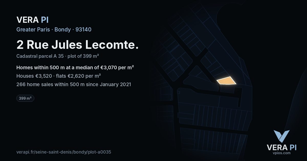2 Rue Jules Lecomte, Bondy at night – the plot lit, the parcels around coloured by the prices near them