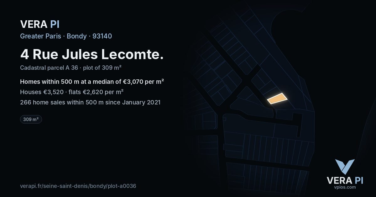 4 Rue Jules Lecomte, Bondy at night – the plot lit, the parcels around coloured by the prices near them