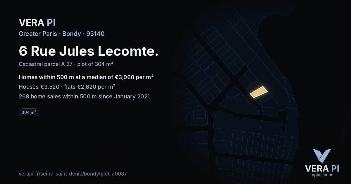 6 Rue Jules Lecomte, Bondy at night – the plot lit, the parcels around coloured by the prices near them