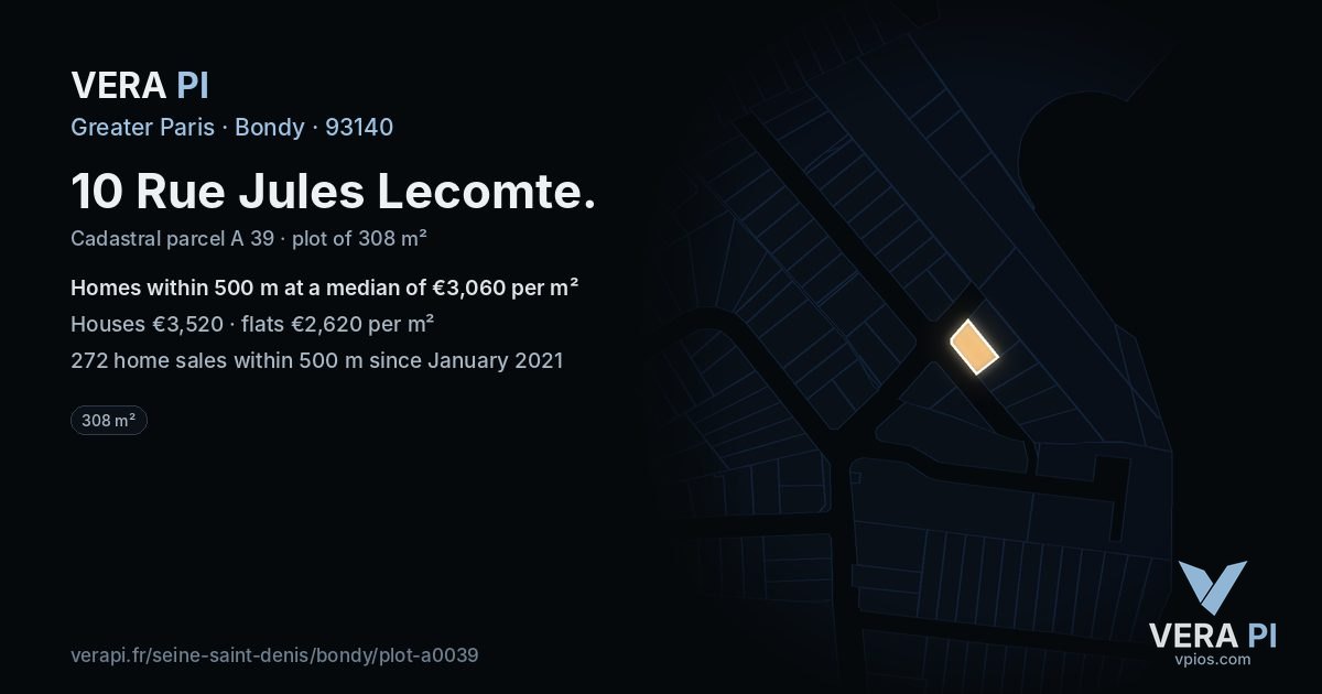 10 Rue Jules Lecomte, Bondy at night – the plot lit, the parcels around coloured by the prices near them