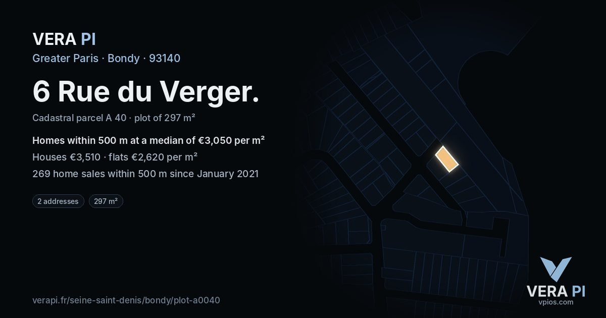 6 Rue du Verger, Bondy at night – the plot lit, the parcels around coloured by the prices near them