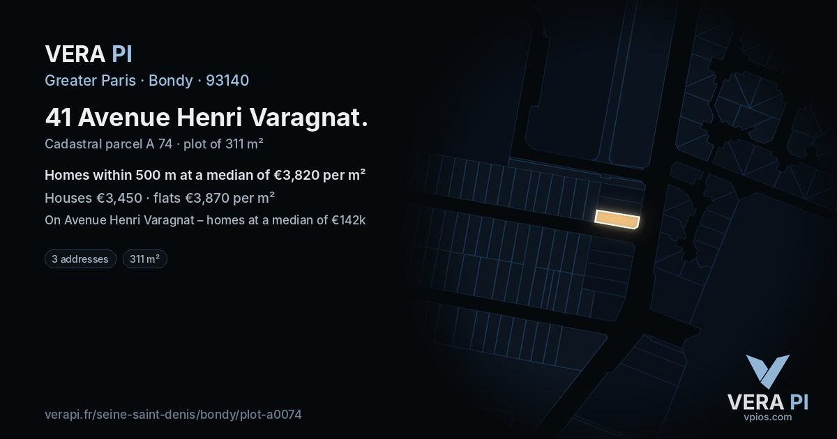 41 Avenue Henri Varagnat, Bondy at night – the plot lit, the parcels around coloured by the prices near them