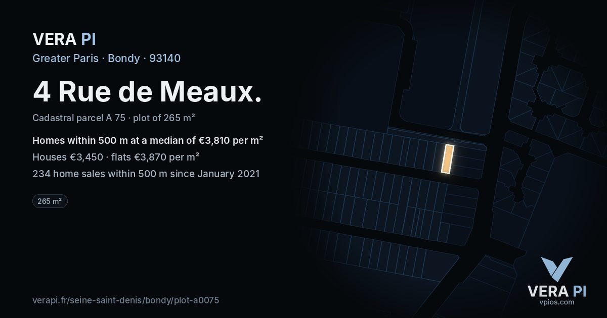 4 Rue de Meaux, Bondy at night – the plot lit, the parcels around coloured by the prices near them