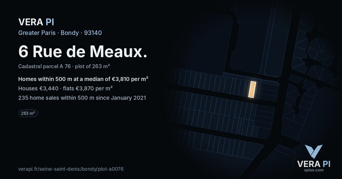6 Rue de Meaux, Bondy at night – the plot lit, the parcels around coloured by the prices near them
