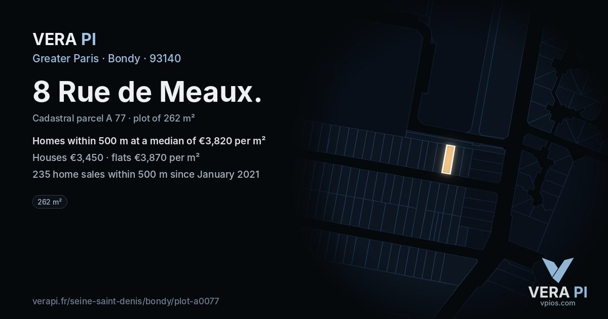 8 Rue de Meaux, Bondy at night – the plot lit, the parcels around coloured by the prices near them