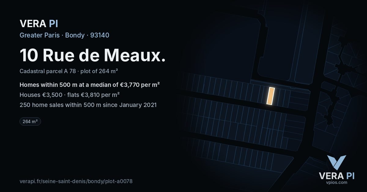 10 Rue de Meaux, Bondy at night – the plot lit, the parcels around coloured by the prices near them