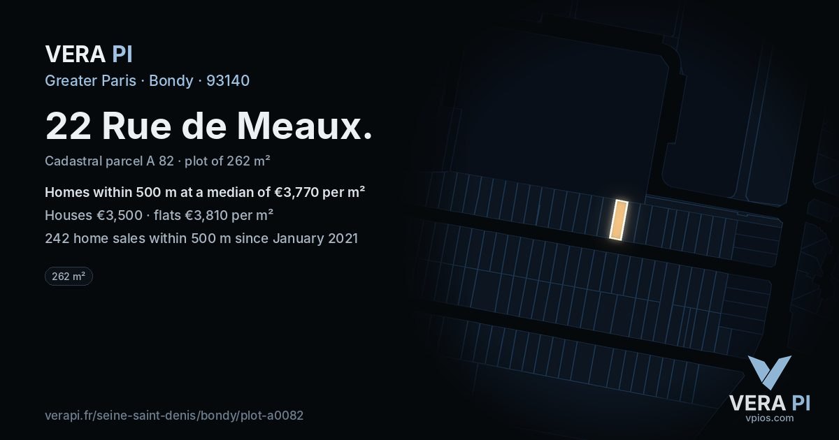 22 Rue de Meaux, Bondy at night – the plot lit, the parcels around coloured by the prices near them