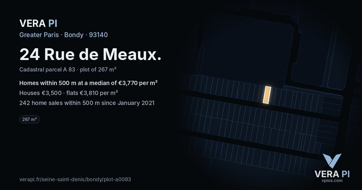 24 Rue de Meaux, Bondy at night – the plot lit, the parcels around coloured by the prices near them