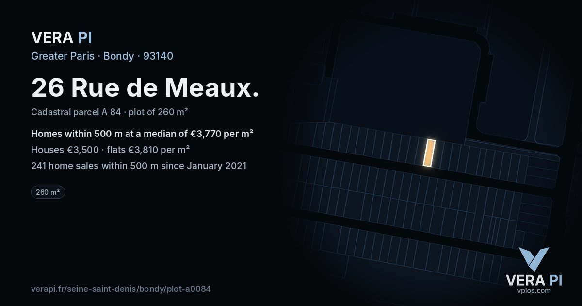 26 Rue de Meaux, Bondy at night – the plot lit, the parcels around coloured by the prices near them