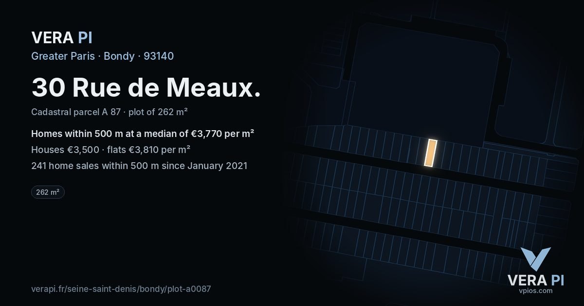 30 Rue de Meaux, Bondy at night – the plot lit, the parcels around coloured by the prices near them