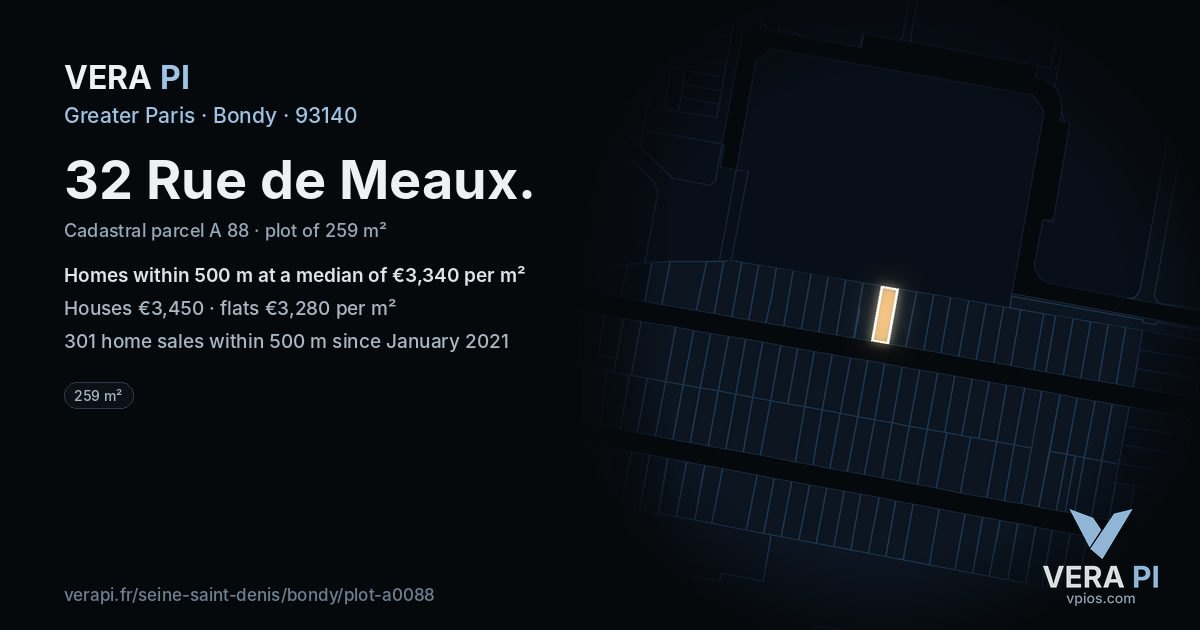 32 Rue de Meaux, Bondy at night – the plot lit, the parcels around coloured by the prices near them