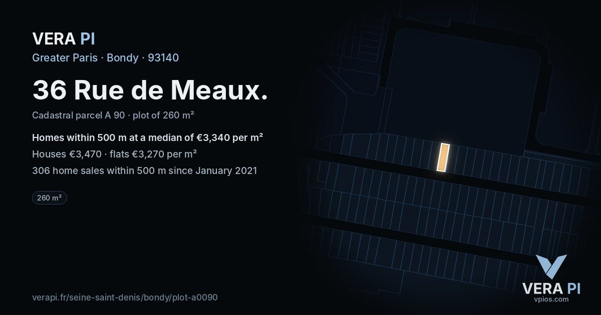 36 Rue de Meaux, Bondy at night – the plot lit, the parcels around coloured by the prices near them