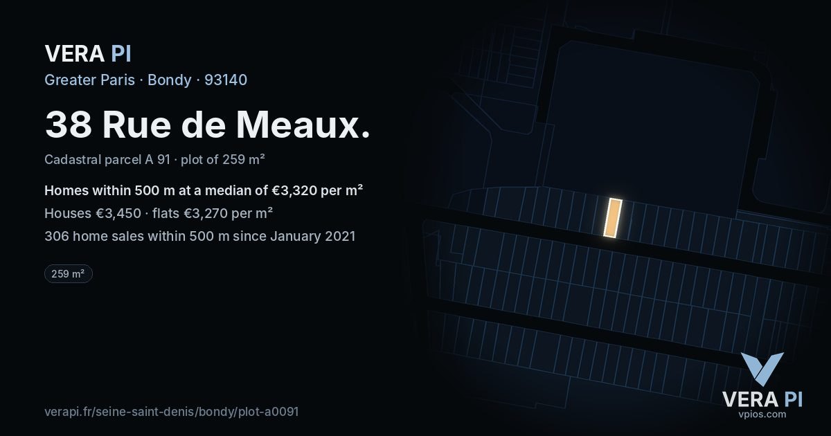 38 Rue de Meaux, Bondy at night – the plot lit, the parcels around coloured by the prices near them