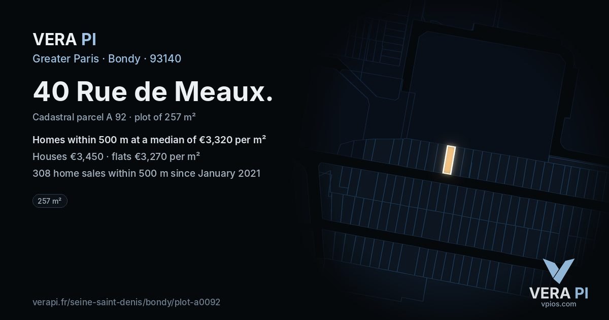40 Rue de Meaux, Bondy at night – the plot lit, the parcels around coloured by the prices near them