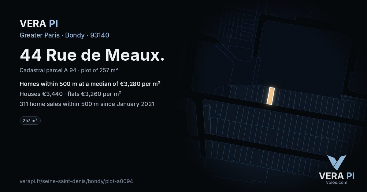 44 Rue de Meaux, Bondy at night – the plot lit, the parcels around coloured by the prices near them