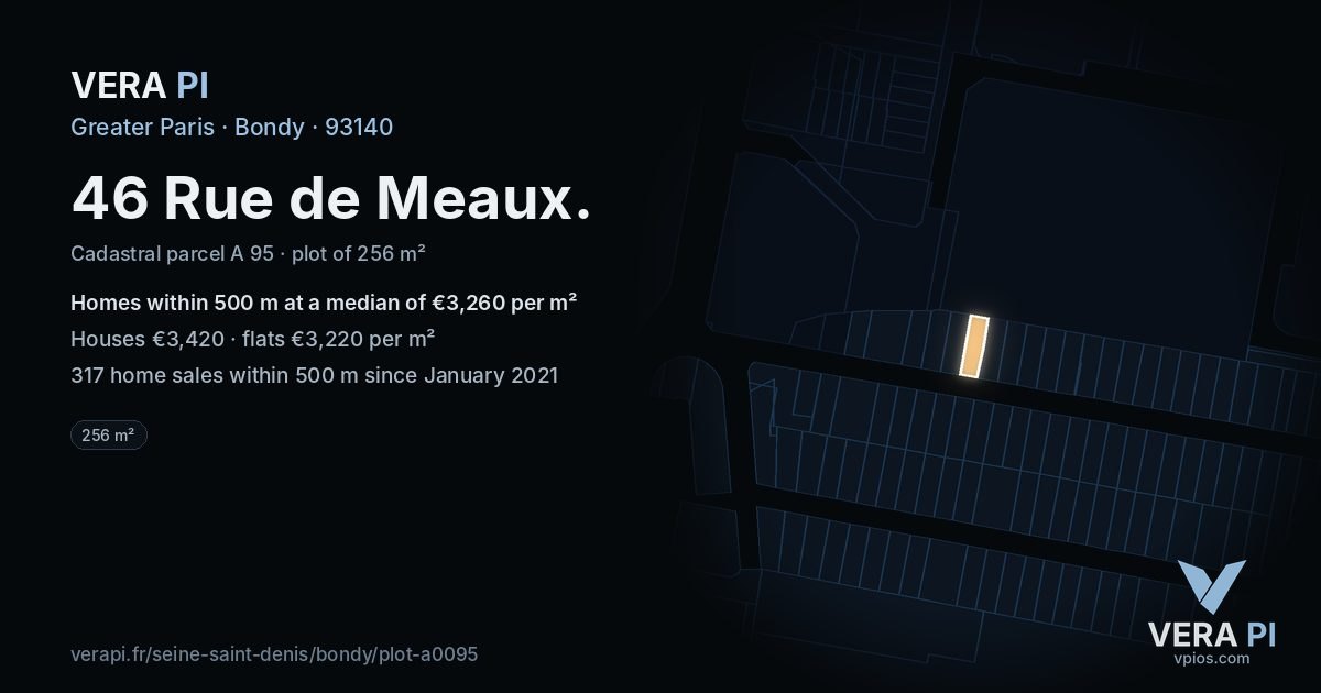 46 Rue de Meaux, Bondy at night – the plot lit, the parcels around coloured by the prices near them
