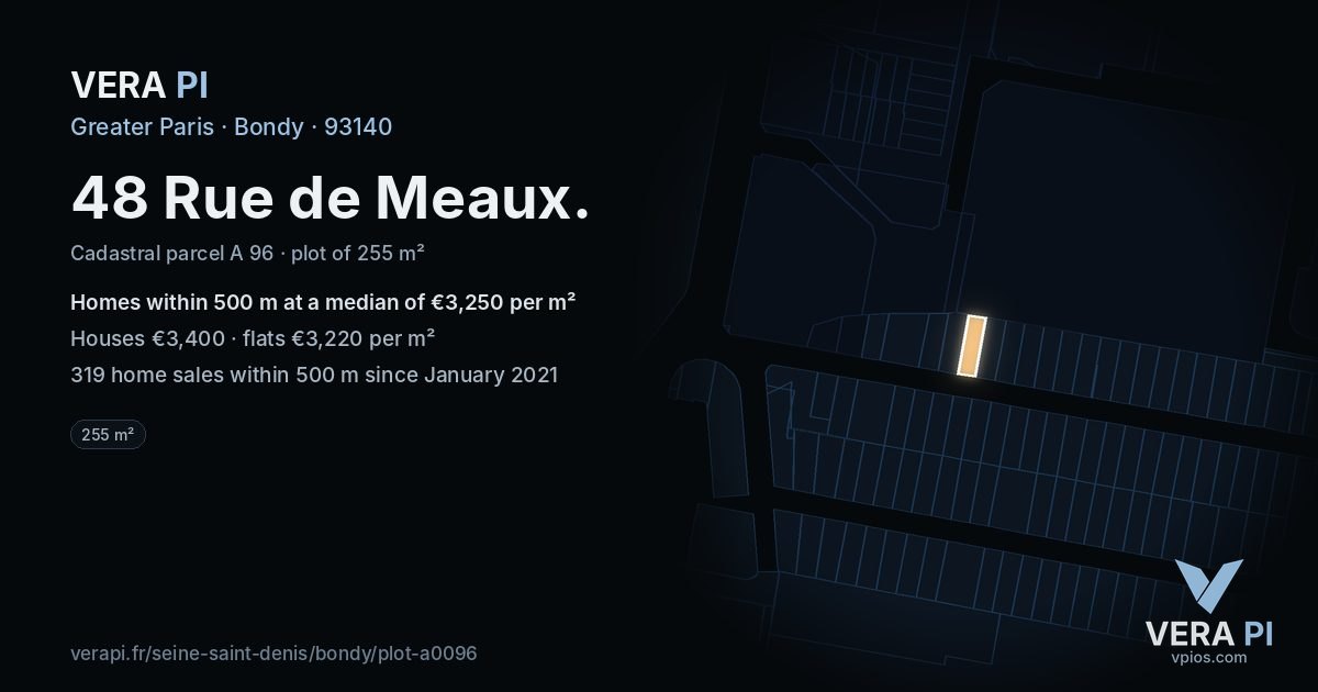 48 Rue de Meaux, Bondy at night – the plot lit, the parcels around coloured by the prices near them