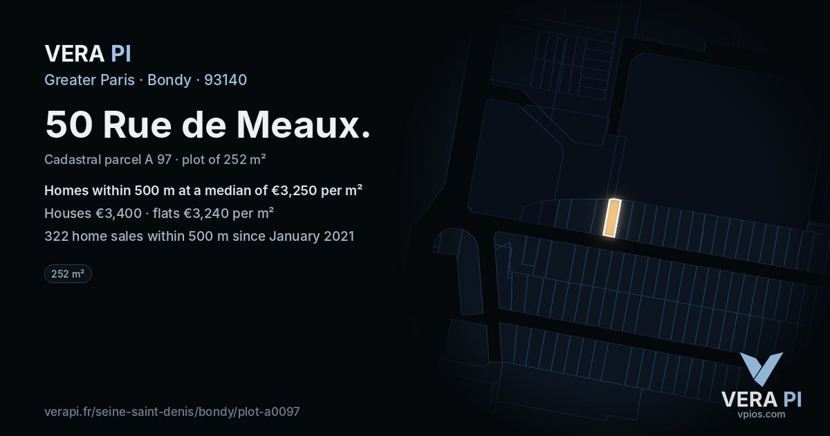 50 Rue de Meaux, Bondy at night – the plot lit, the parcels around coloured by the prices near them