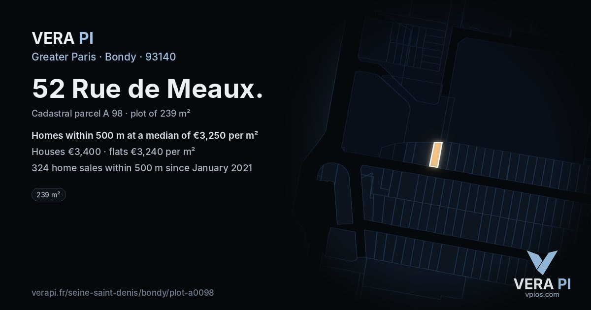 52 Rue de Meaux, Bondy at night – the plot lit, the parcels around coloured by the prices near them
