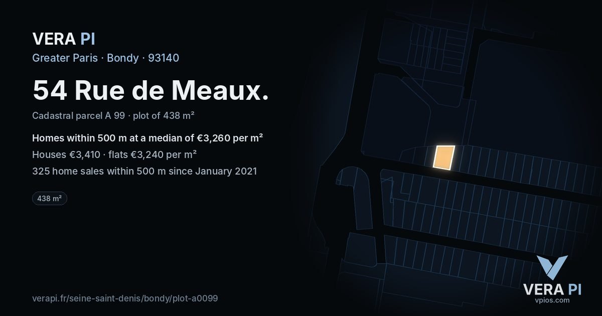 54 Rue de Meaux, Bondy at night – the plot lit, the parcels around coloured by the prices near them
