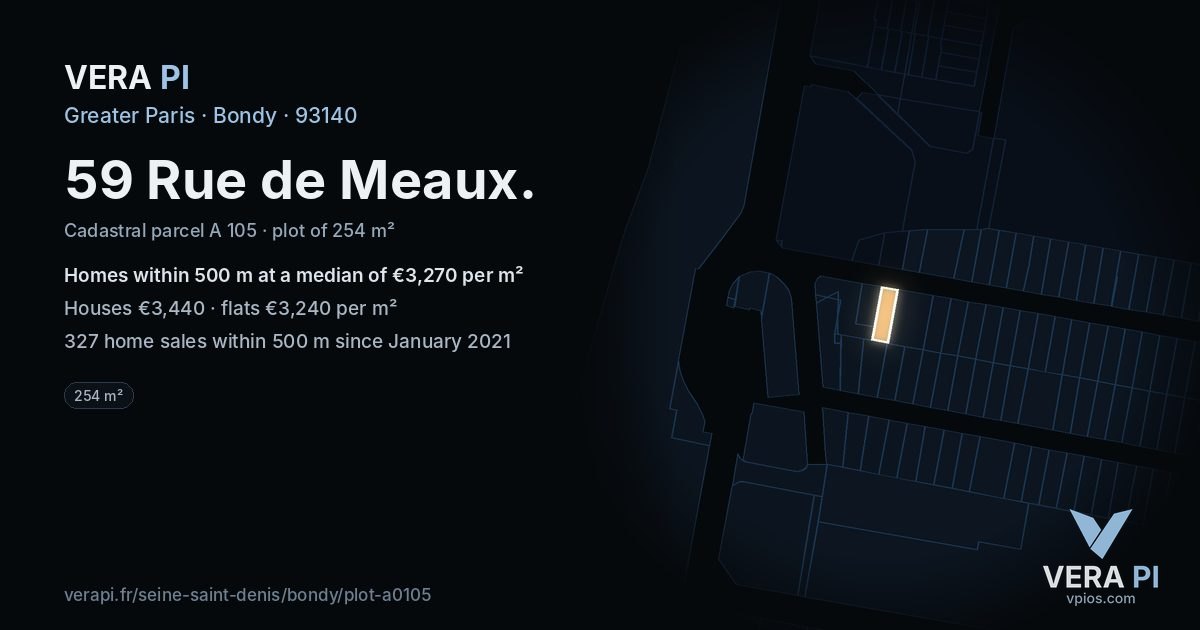 59 Rue de Meaux, Bondy at night – the plot lit, the parcels around coloured by the prices near them