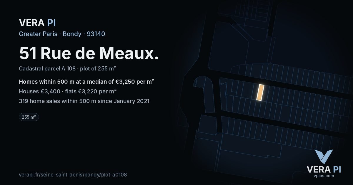 51 Rue de Meaux, Bondy at night – the plot lit, the parcels around coloured by the prices near them
