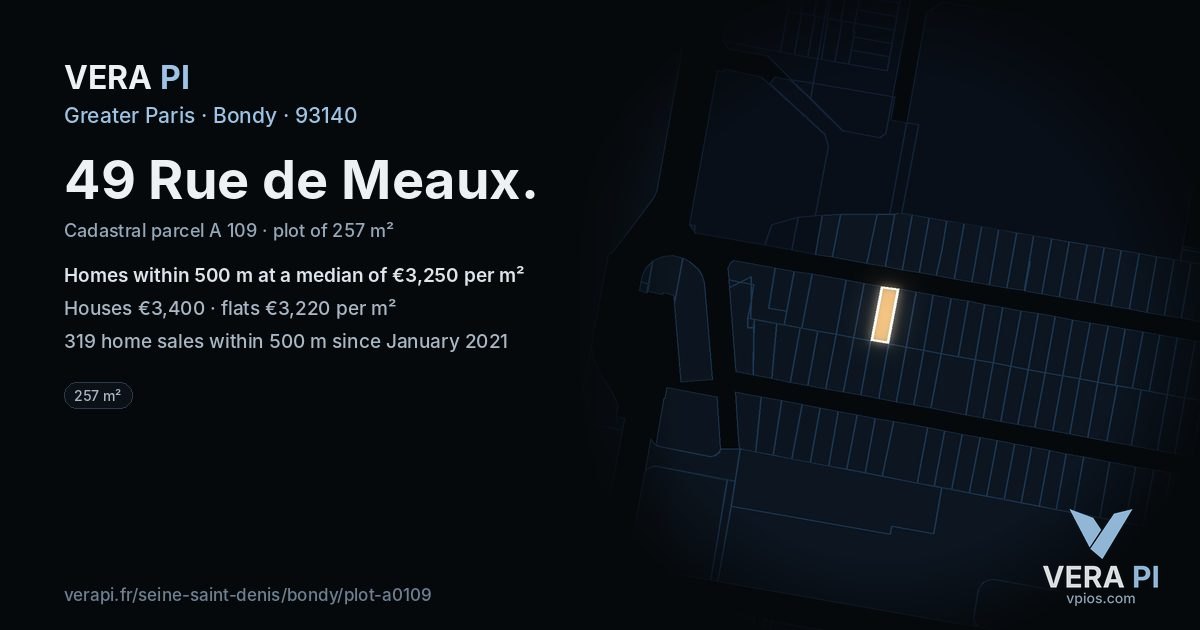 49 Rue de Meaux, Bondy at night – the plot lit, the parcels around coloured by the prices near them