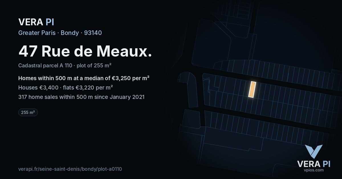 47 Rue de Meaux, Bondy at night – the plot lit, the parcels around coloured by the prices near them