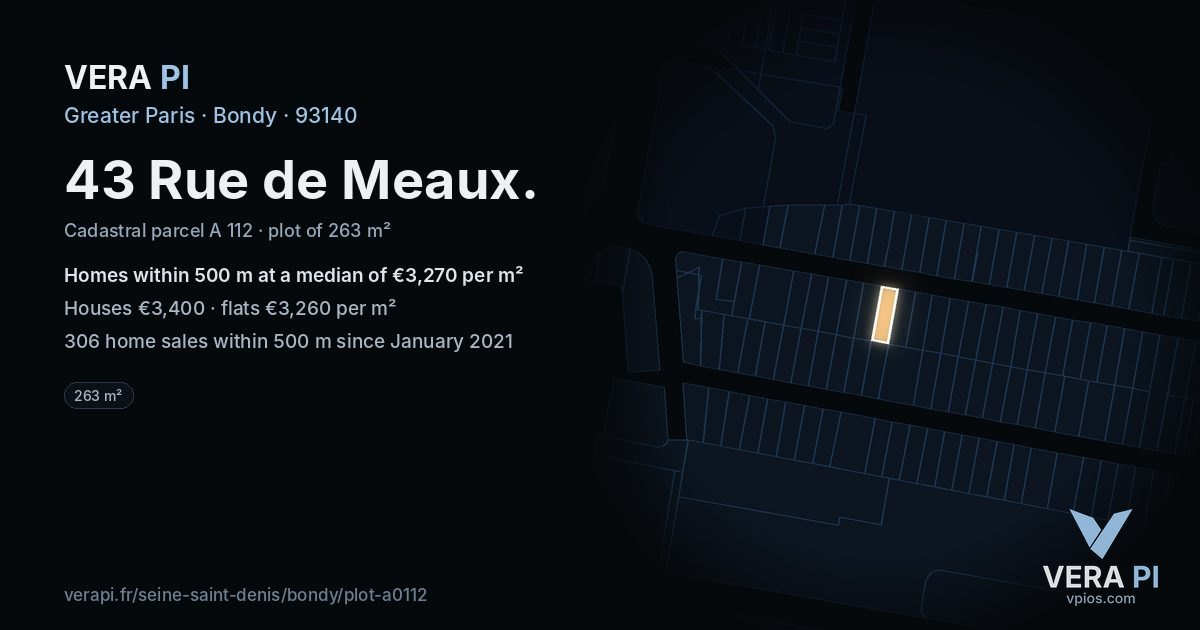 43 Rue de Meaux, Bondy at night – the plot lit, the parcels around coloured by the prices near them