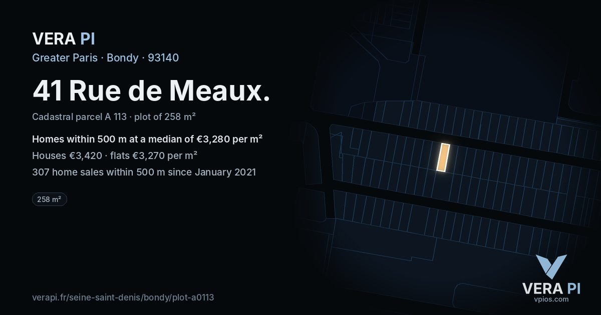 41 Rue de Meaux, Bondy at night – the plot lit, the parcels around coloured by the prices near them