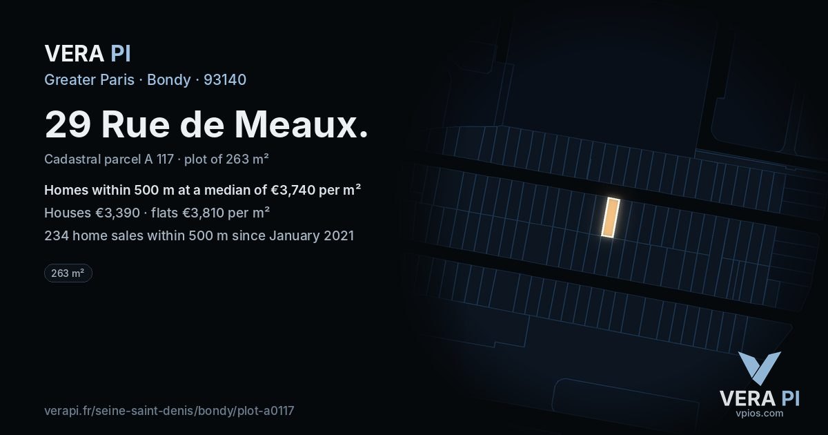29 Rue de Meaux, Bondy at night – the plot lit, the parcels around coloured by the prices near them