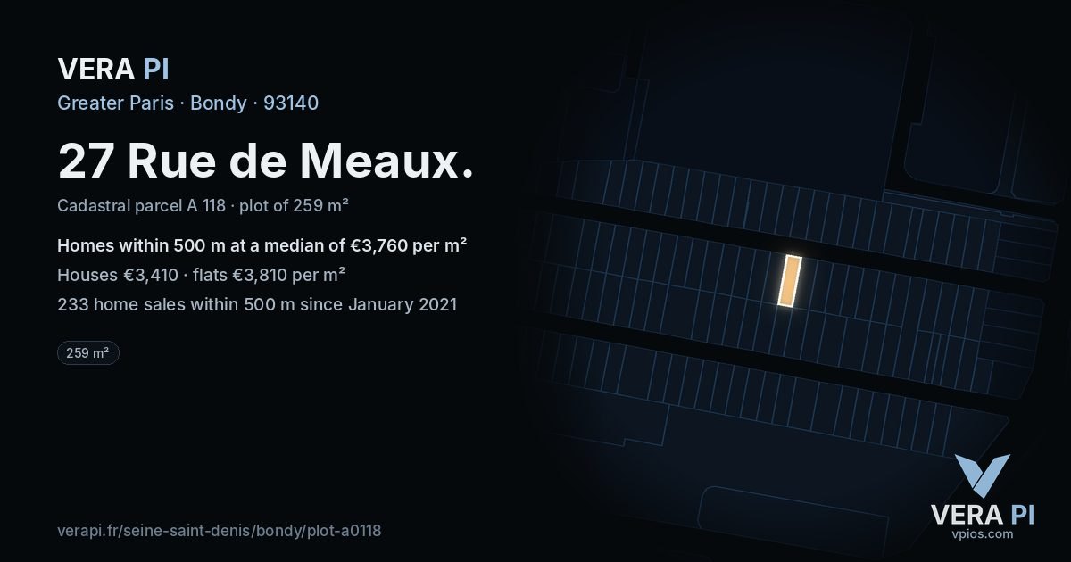 27 Rue de Meaux, Bondy at night – the plot lit, the parcels around coloured by the prices near them