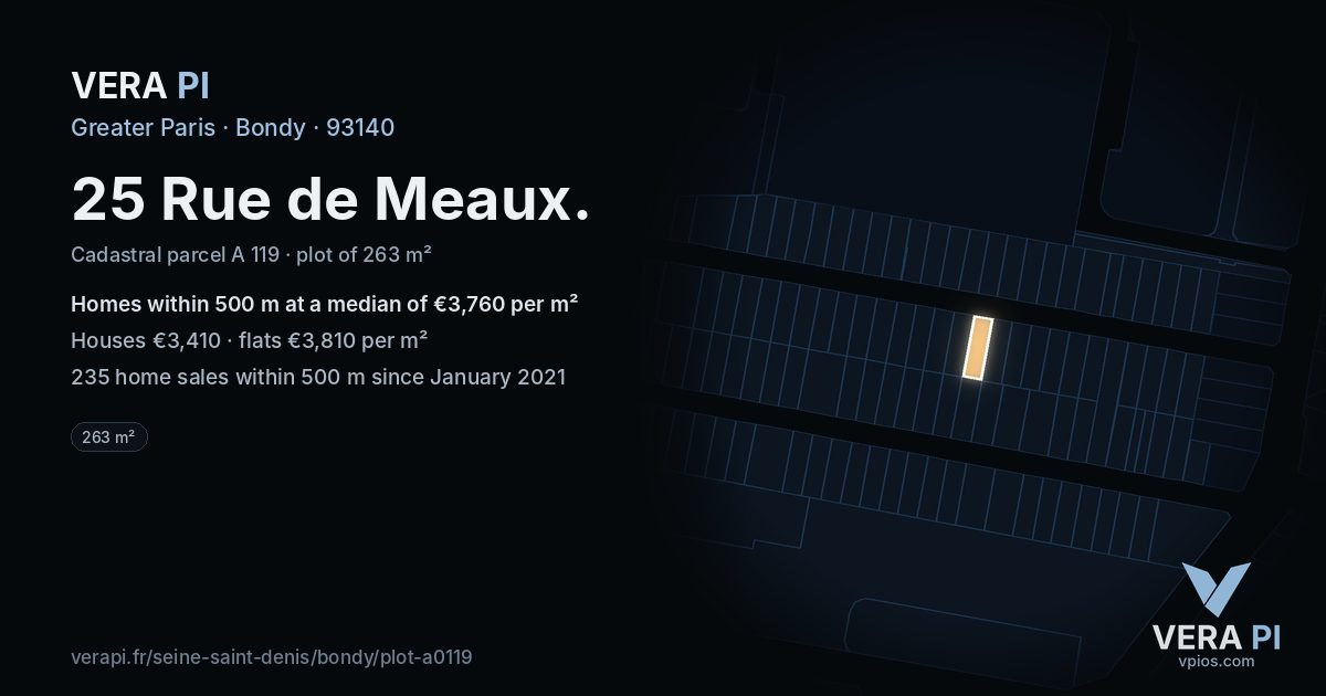 25 Rue de Meaux, Bondy at night – the plot lit, the parcels around coloured by the prices near them