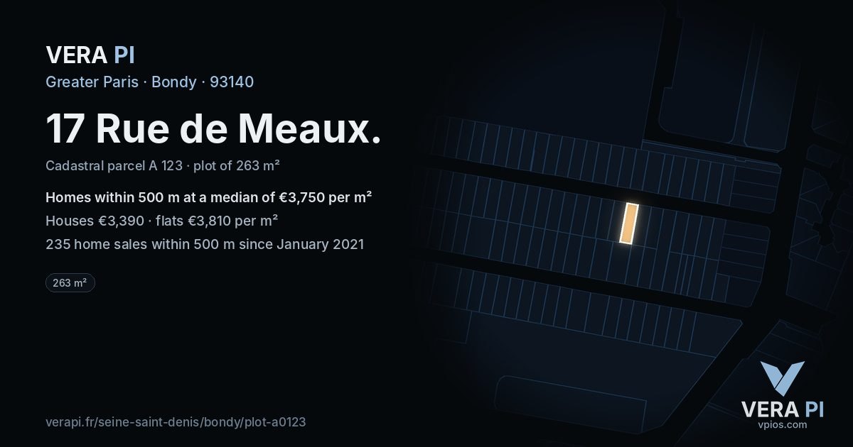 17 Rue de Meaux, Bondy at night – the plot lit, the parcels around coloured by the prices near them