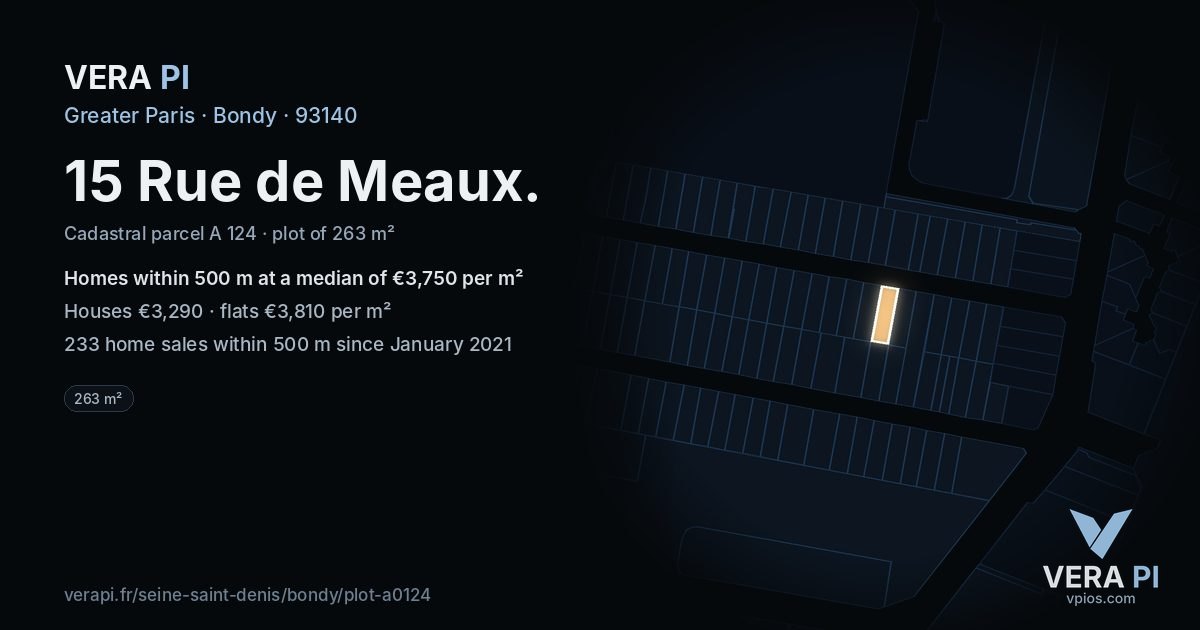 15 Rue de Meaux, Bondy at night – the plot lit, the parcels around coloured by the prices near them