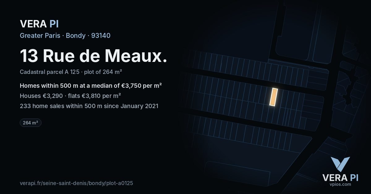 13 Rue de Meaux, Bondy at night – the plot lit, the parcels around coloured by the prices near them