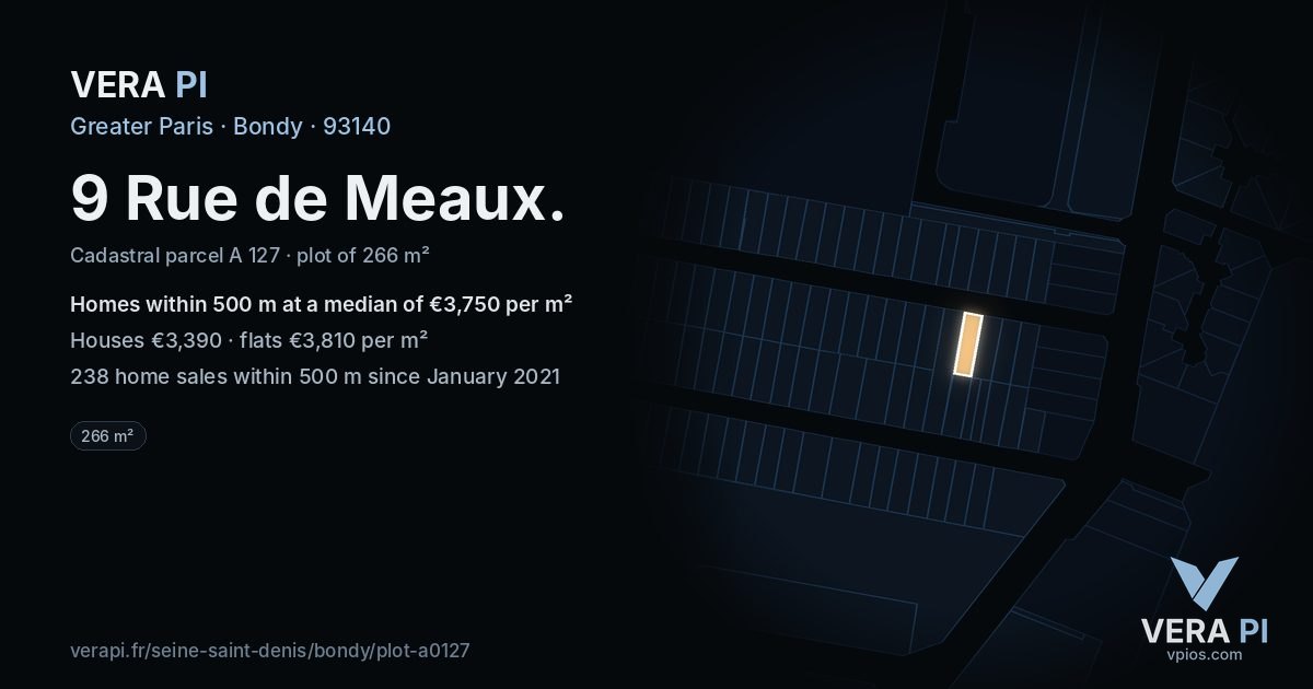 9 Rue de Meaux, Bondy at night – the plot lit, the parcels around coloured by the prices near them